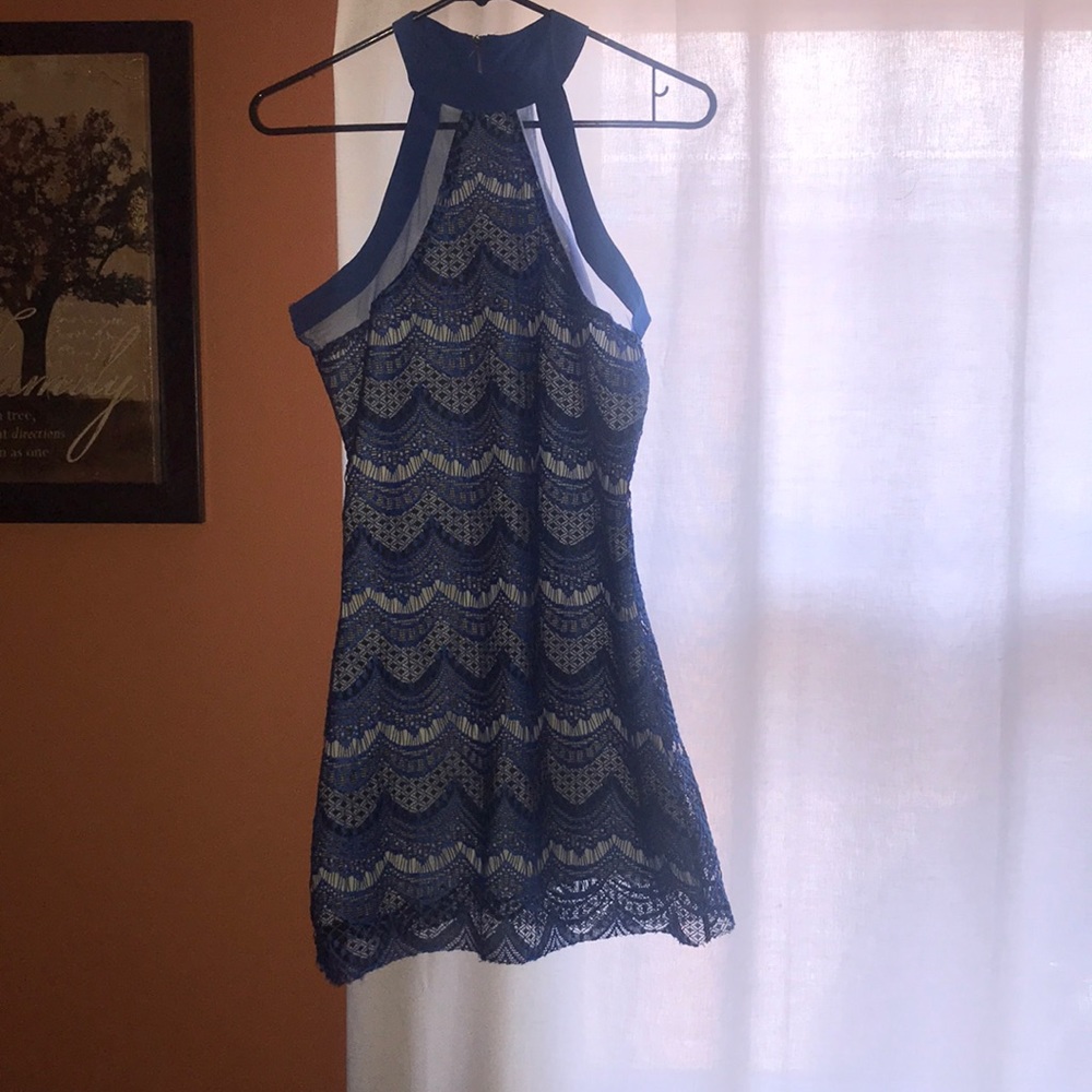 blue lace detailed dress.